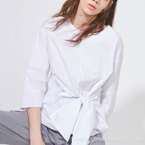 Casual Solid Color Bow Tie Front Blouse